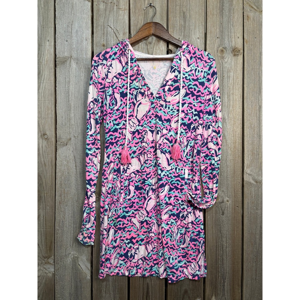 Lilly Pulitzer Pink Blue Abstract Hooded Tassel Dress XS Long Sleeve Coverup